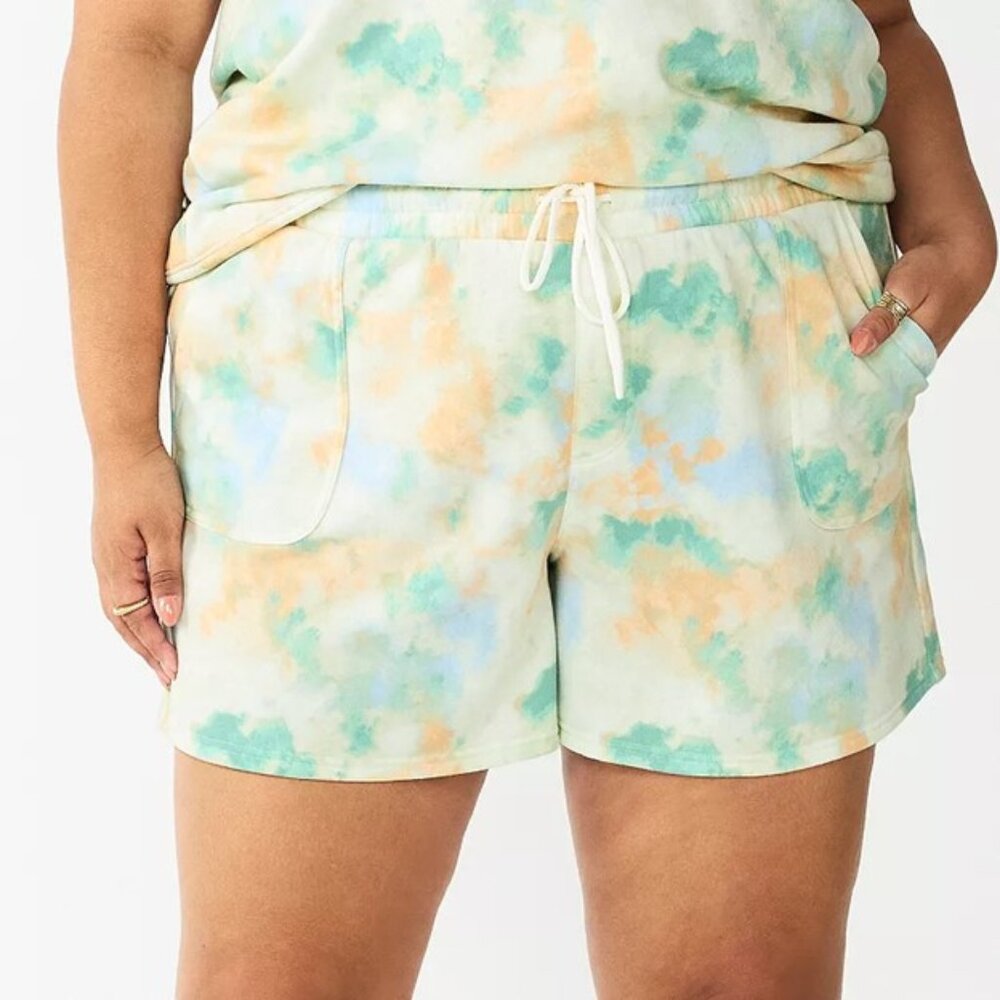 Sonoma Tie Dye Fleece Drawstring Shorts Blue Cloud Plus Size 1X